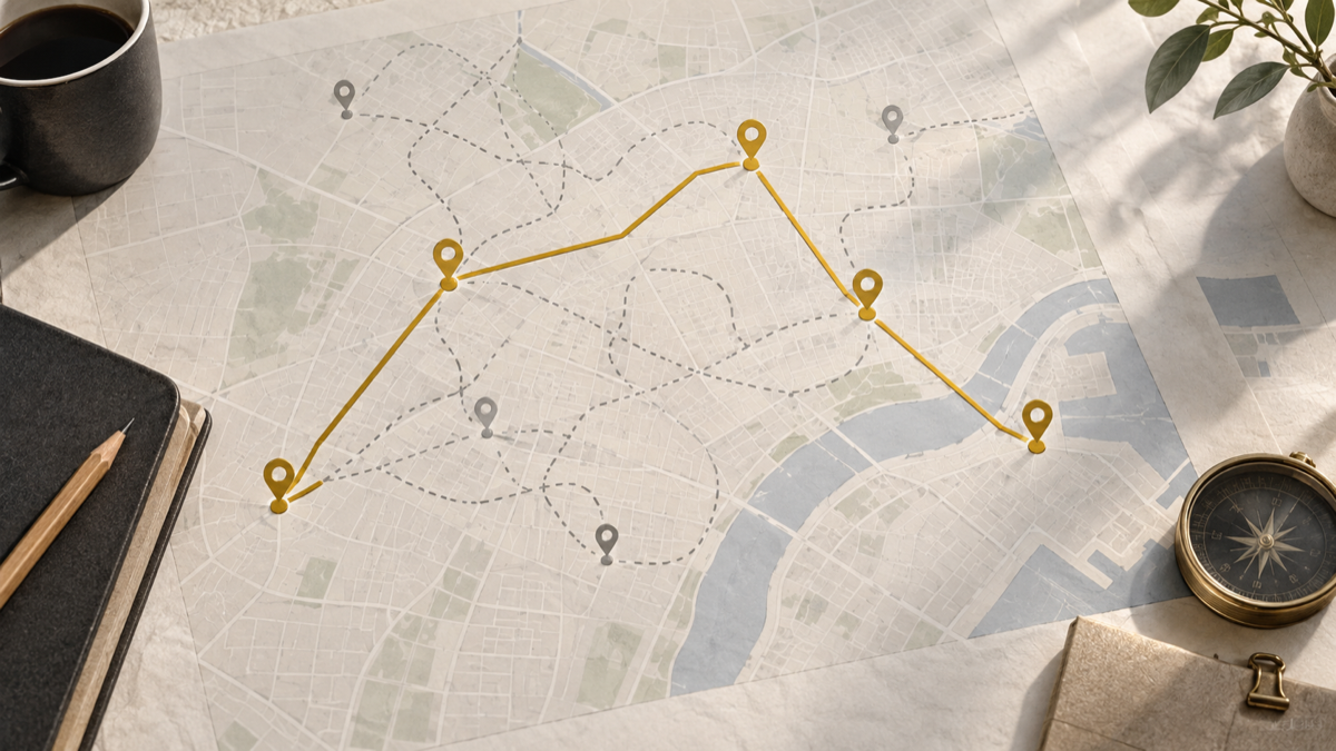 Mapa com uma rota de entregas otimizada e caminhos alternativos tracejados.