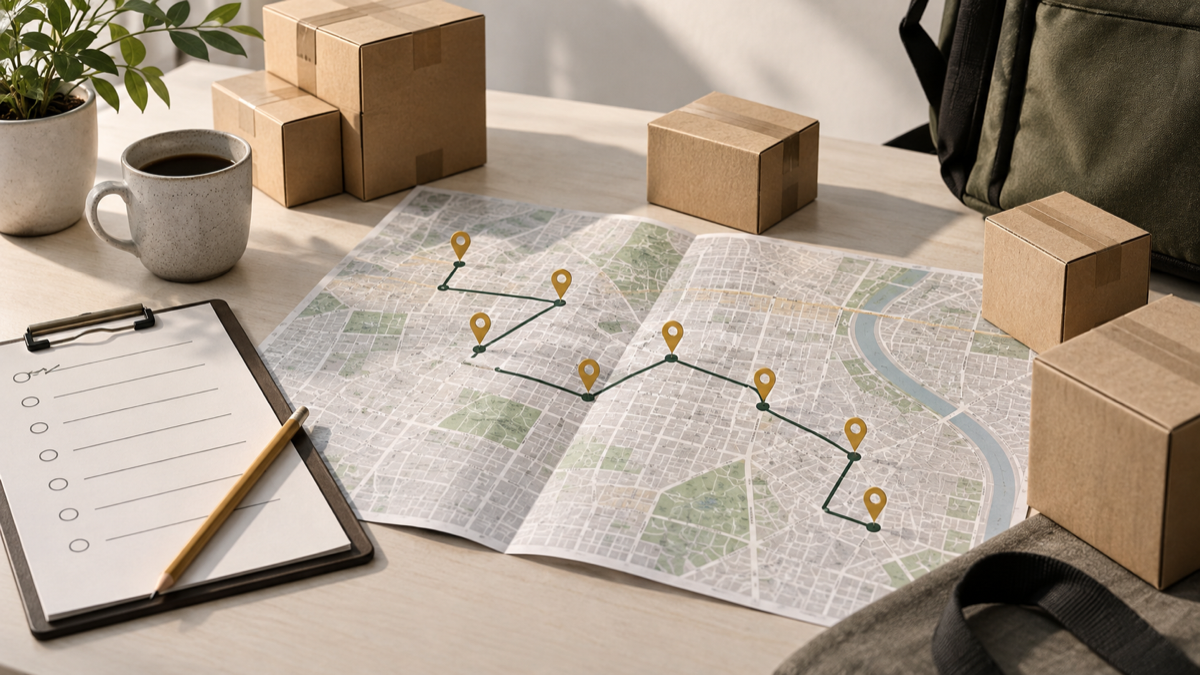 Caixas de entrega ao redor de um mapa com uma rota de várias paradas.